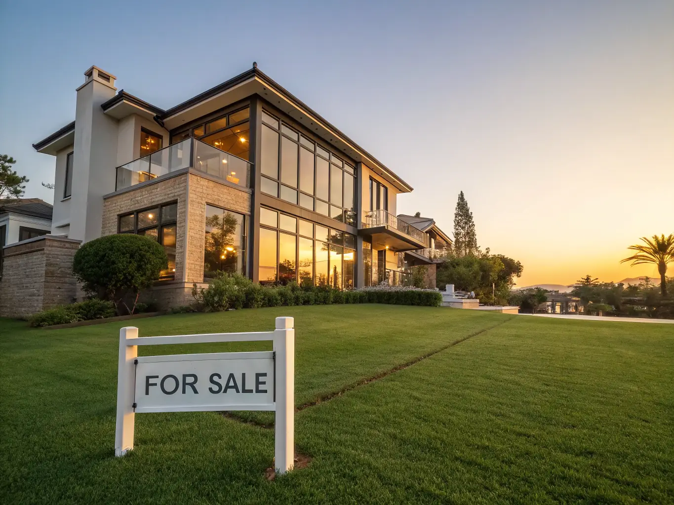 A modern, minimalist house with large windows and a well-manicured lawn, bathed in the warm light of a setting sun, symbolizing the dream of homeownership.