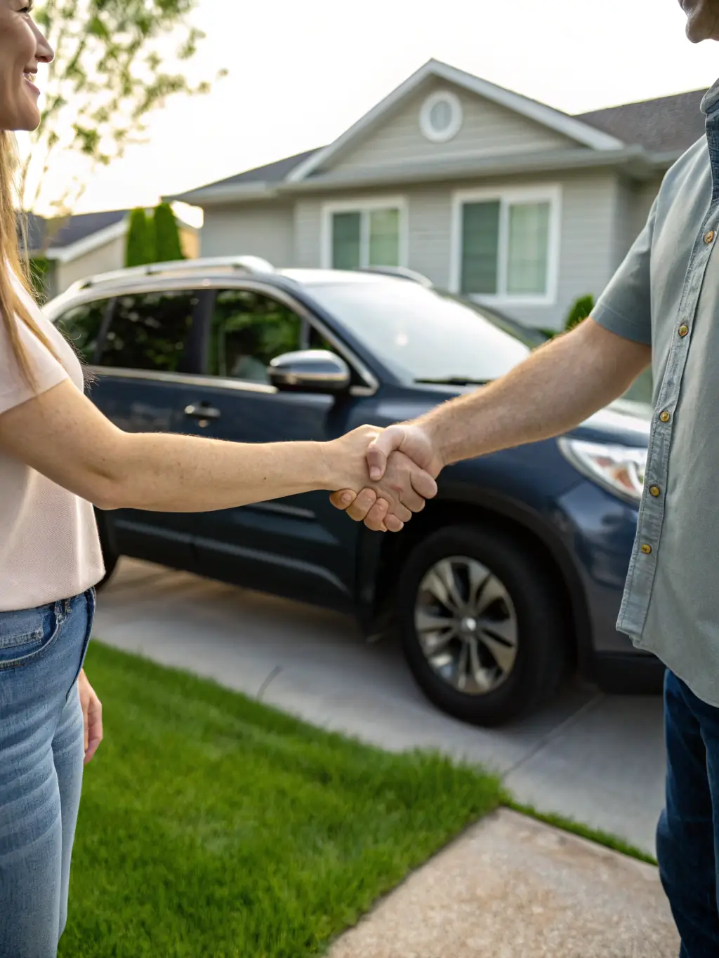 A handshake between a client and an insurance agent in front of a vehicle, symbolizing the vehicle insurance services offered by TTT Capital.