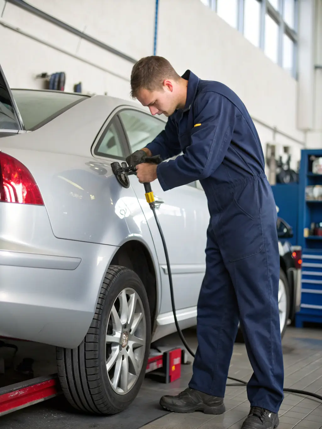 A mechanic performing routine maintenance on a vehicle in a clean and organized garage, representing TTT Capital's commitment to vehicle maintenance services.