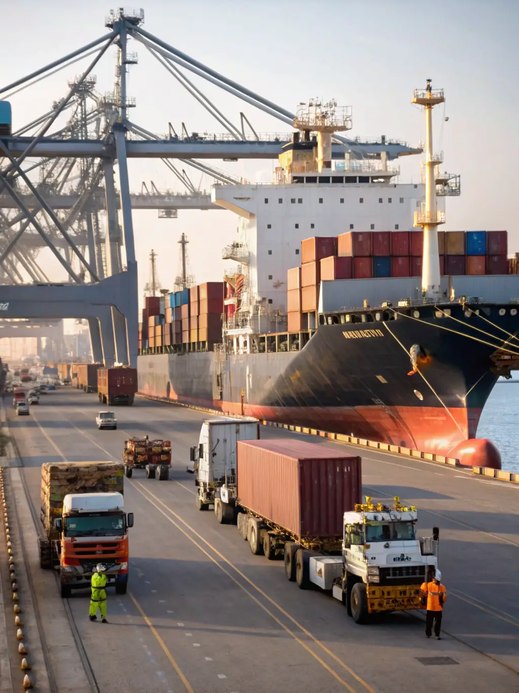 A photo of various vehicles including cars and trucks at a port with shipping containers in the background, representing TTT Capital's vehicle import/export and rental services.