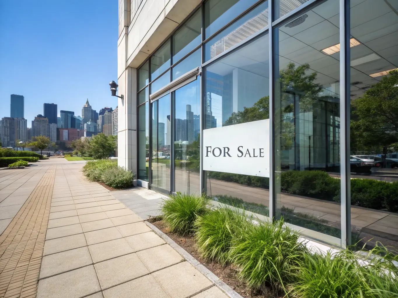 A 'For Sale' sign in front of a well-maintained commercial building in a bustling urban area, representing the potential for business growth and investment.