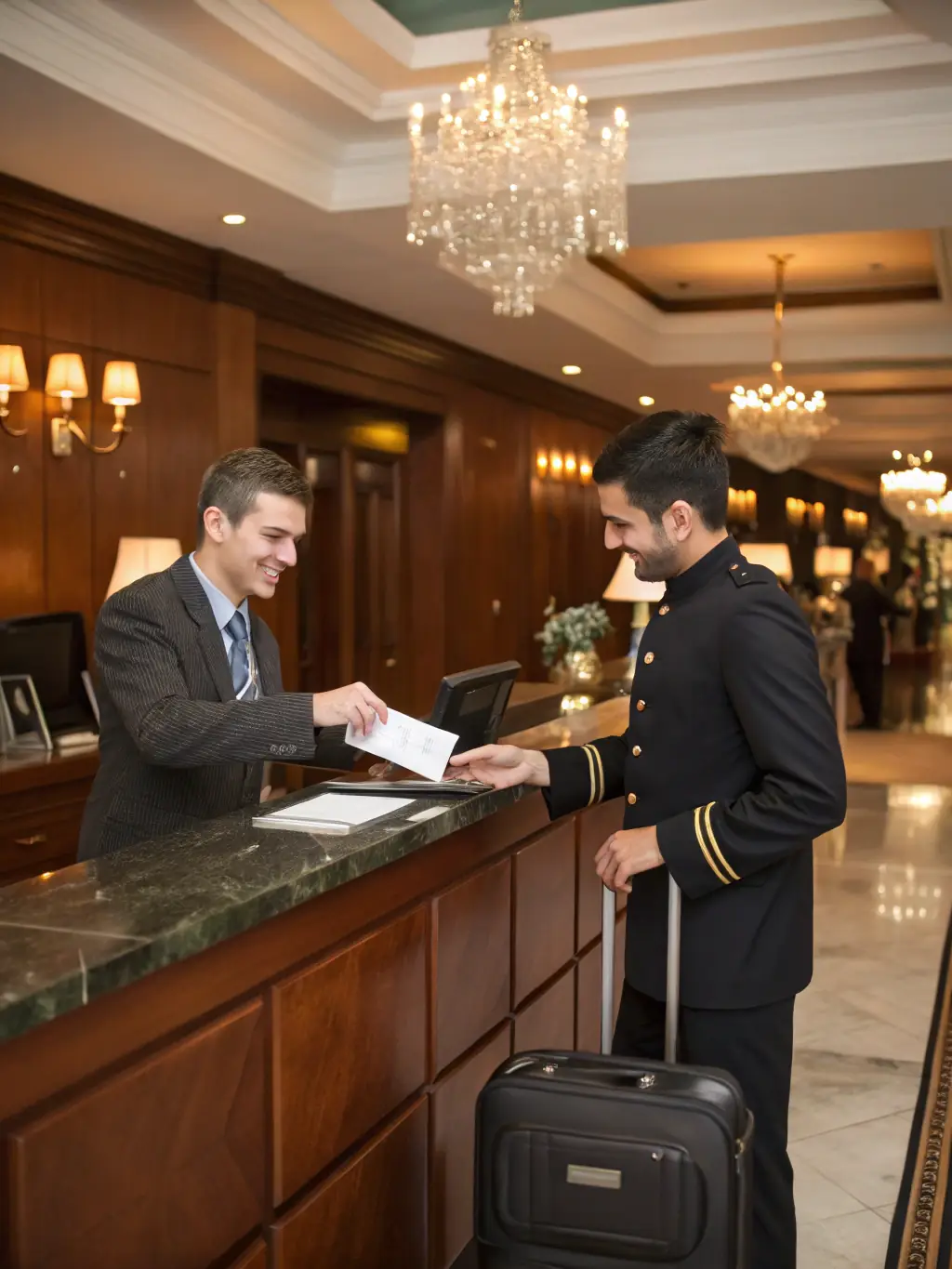 A concierge assisting a client with travel arrangements in a sophisticated setting, representing TTT Capital's concierge services.