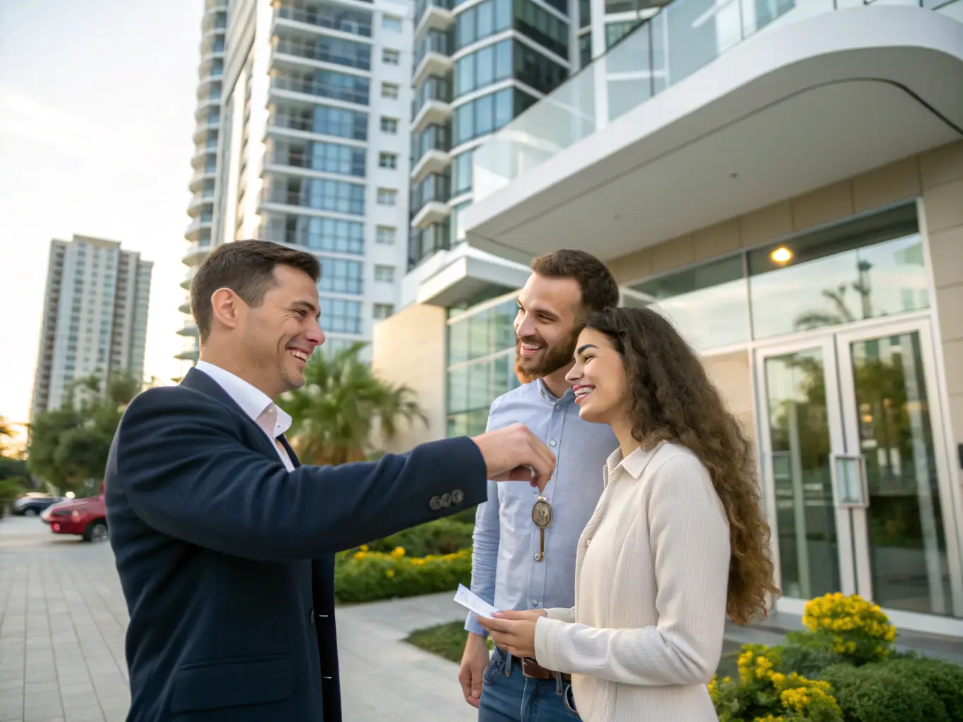 A person handing keys to another person in front of an apartment building, symbolizing property management and rental services.