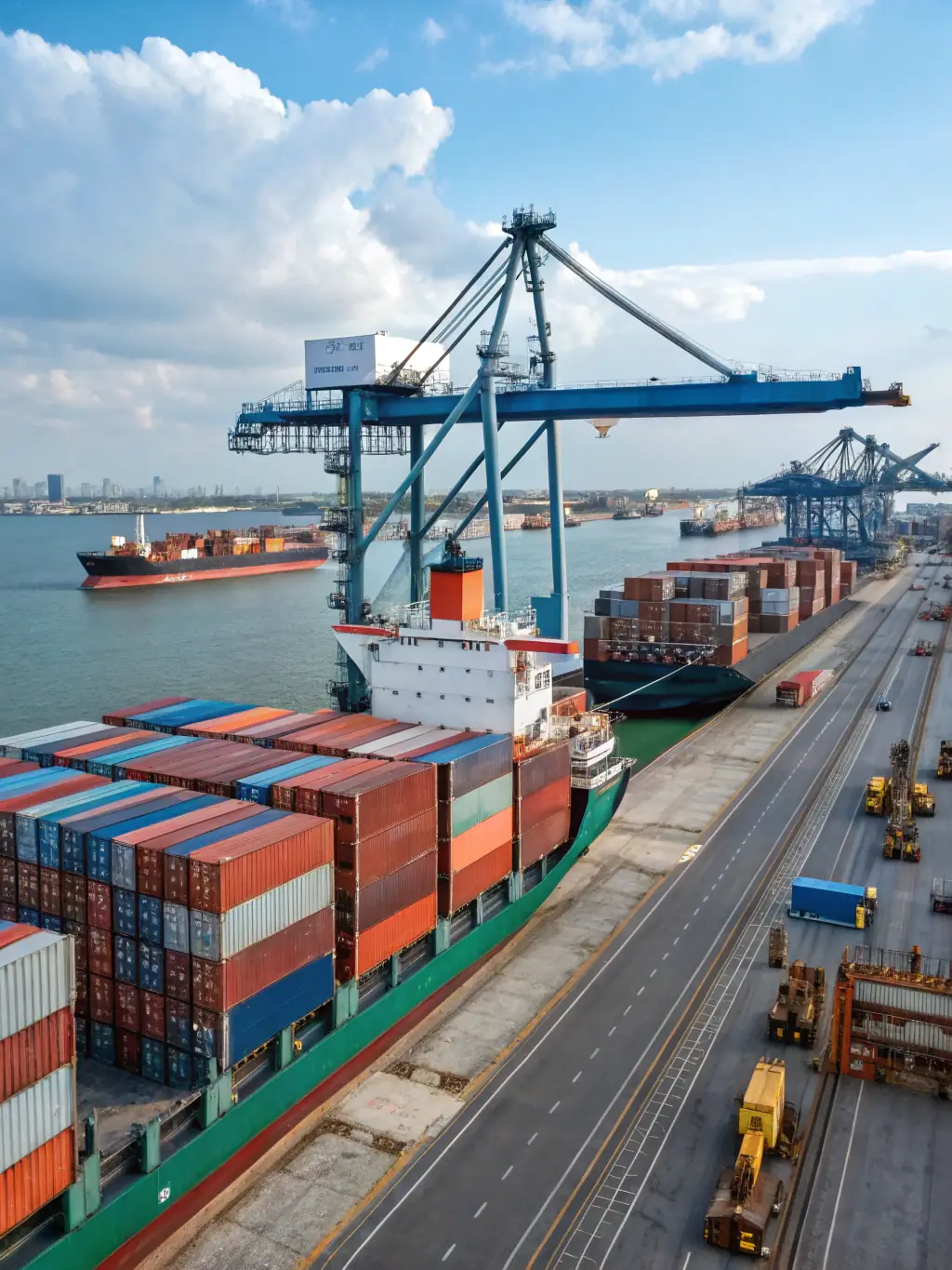 Vehicles being loaded onto a cargo ship at a bustling port, symbolizing TTT Capital's vehicle import/export services.